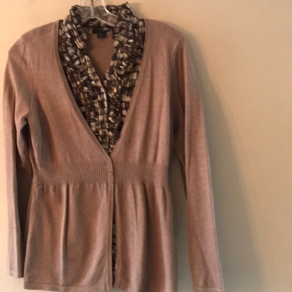 Women's Tan Cardigan  Sweater with False Blouse Size Small